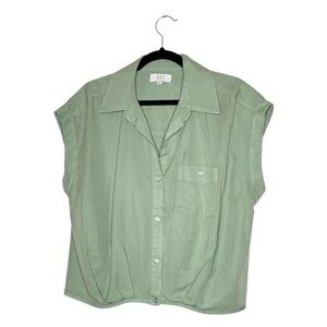 Kut From The Kloth Pleated Front Sleeveless Collared Blouse Sage Green Lyocell M